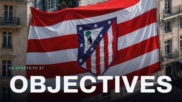 A club flag draped over a building in FC 27’s The Grounds, with OBJECTIVES across it