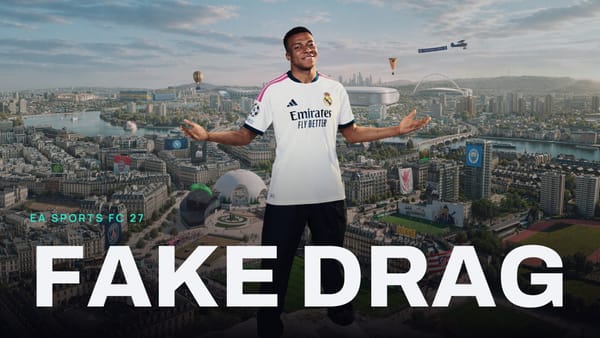 EA SPORTS FC 27 key art with FAKE DRAG across it