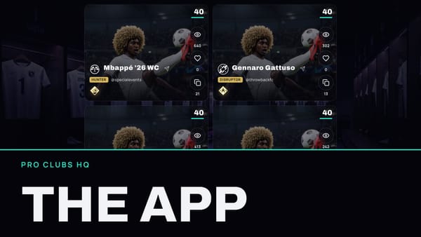 Build cards from Pro Clubs HQ above the words THE APP